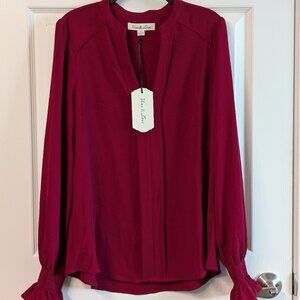 Pleated Ruffle Cuff Long Sleeve Blouse by Vines & Love